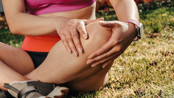 Woman in activewear sitting on grass, holding her knee